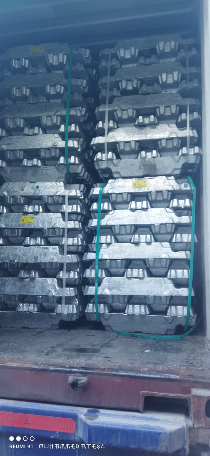 Aluminium ingots secured inside a transport vehicle